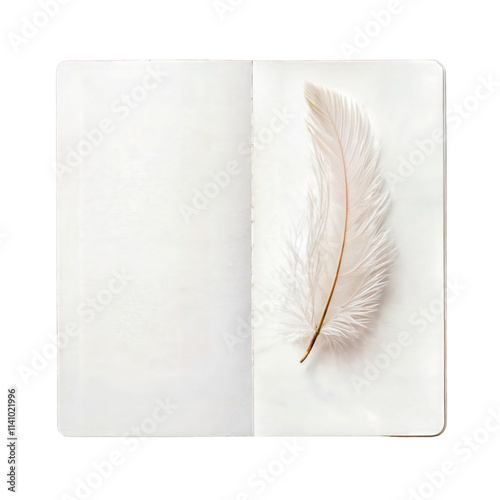 Obraz na płótnie Delicate white feather placed inside an open blank notebook, isolated on transparent background, minimalist design.
w salonie
