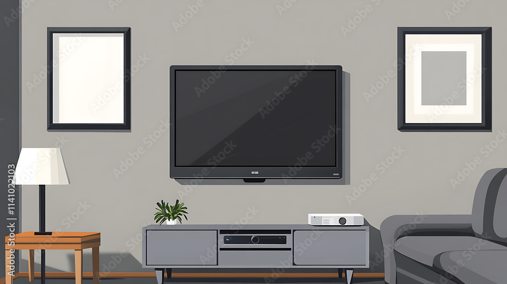Grey sofa against tv unit, minimalist interior design of modern living room, home Grey sofa against tv unit, minimalist interior design of modern living room, home