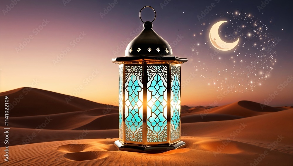 Ramadan Kareem: Crescent Moon and Traditional Arabic Lantern Creating a Spiritual and Peaceful Atmosphere for the Holy Month of Ramadan