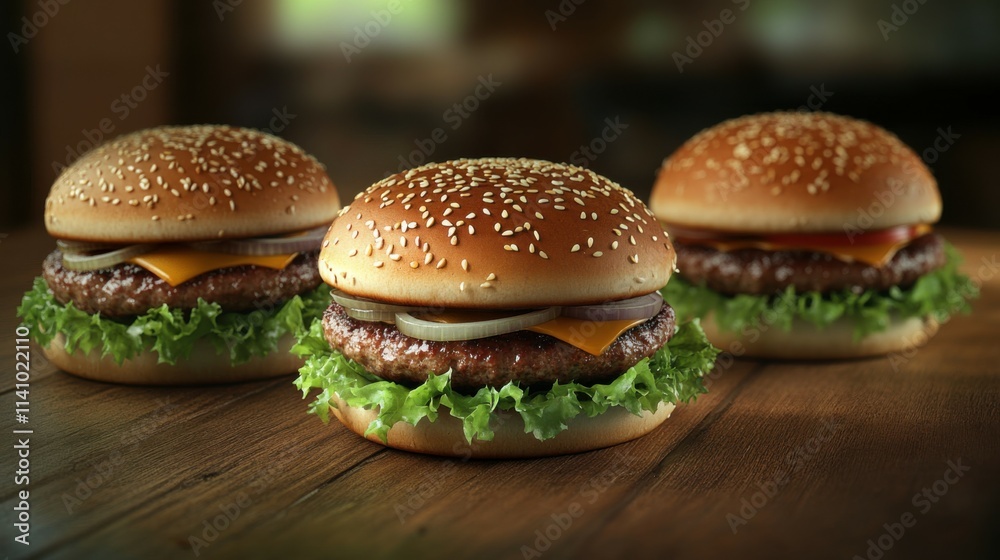 Three hamburgers with lettuce and onions on top of a wooden table Three hamburgers with lettuce and onions on top of a wooden table
