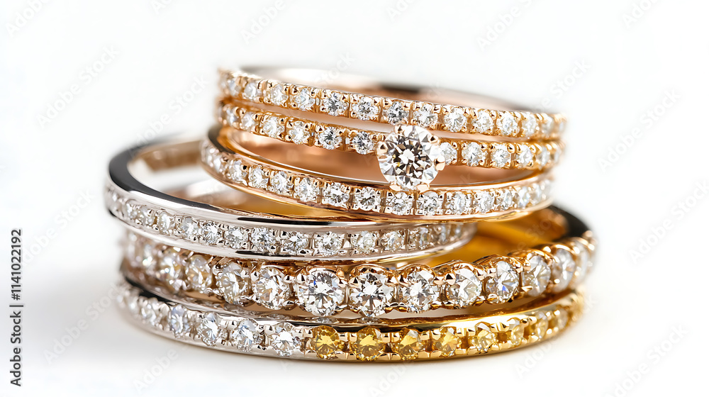 Group of stacked diamond rings in white, yellow, and rose gold on a white backdrop Group of stacked diamond rings in white, yellow, and rose gold on a white backdrop