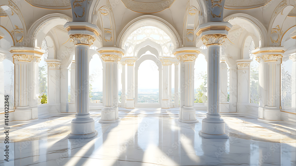 Fototapeta premium Luxurious white marble interior with ornate columns and arches, sunlit, concept of wealth and grand architecture