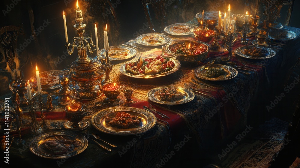 Elegant Festive Dinner Table with Golden Candlelight and Gourmet Dishes