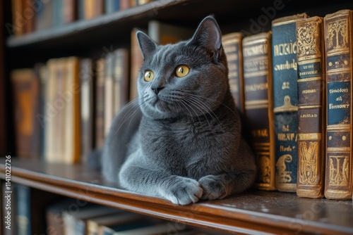 feline elegance, a russian blue cat elegantly poses among classic books and gentle lighting on an antique bookshelf
