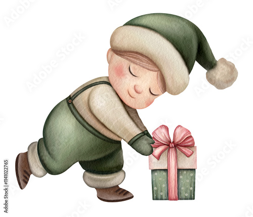 Christmas elf with gift box. Handa drawn  New Year greetings card, postcards. Santa Claus helpers elves. Funny Xmas winter baby photo