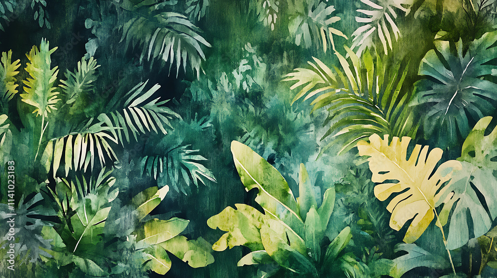 Watercolor pattern wallpaper, painting of a lush, green jungle landscape, tropical rainforest background Watercolor pattern wallpaper, painting of a lush, green jungle landscape, tropical rainforest background