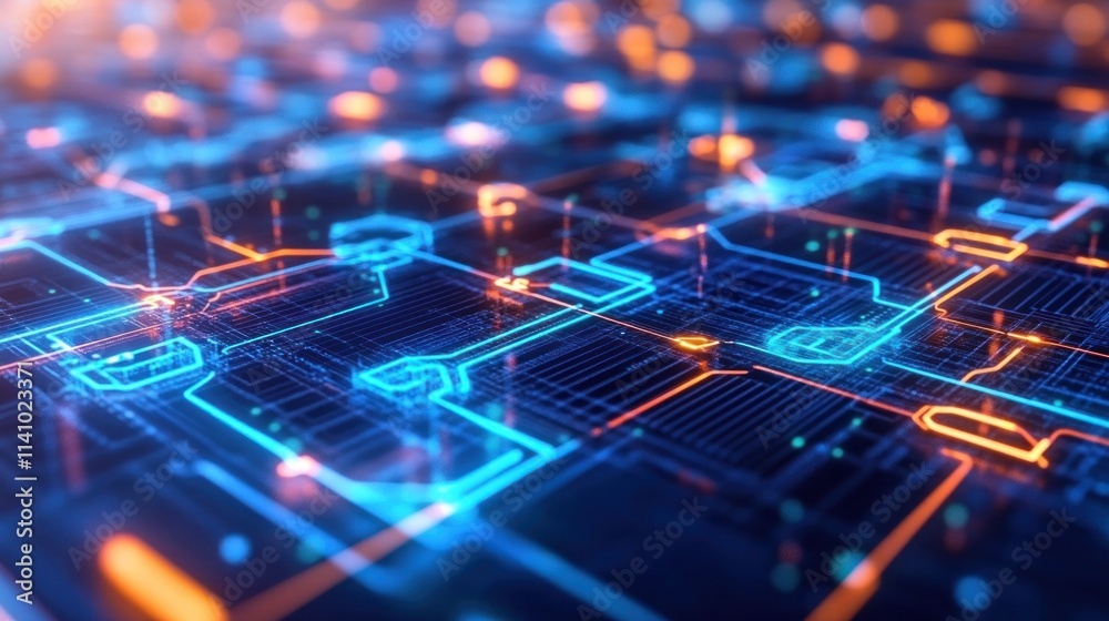 Obraz premium A digital circuit board with glowing lines representing technology and data processing.