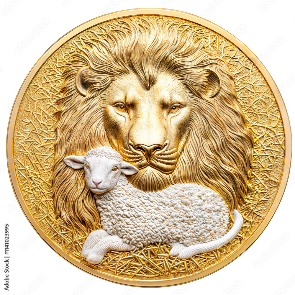 Golden coin featuring a lion and lamb together, symbolizing strength and peace, isolated on transparent background.