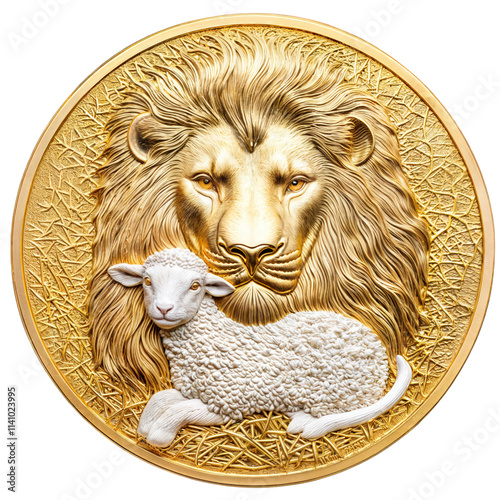 Obraz na płótnie Golden coin featuring a lion and lamb together, symbolizing strength and peace, isolated on transparent background.
w salonie
