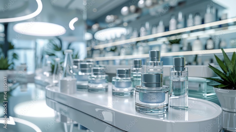 3D rendered cosmetic podium display featuring glass flask and cylinder equipment in a modern medical science lab background. Detailed and elegant 3D rendered cosmetic podium display featuring glass flask and cylinder equipment in a modern medical science lab background. Detailed and elegant