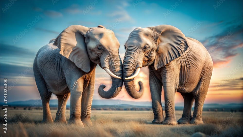 Fototapeta premium Two elephants playfully interacting in a beautiful sunset savanna landscape