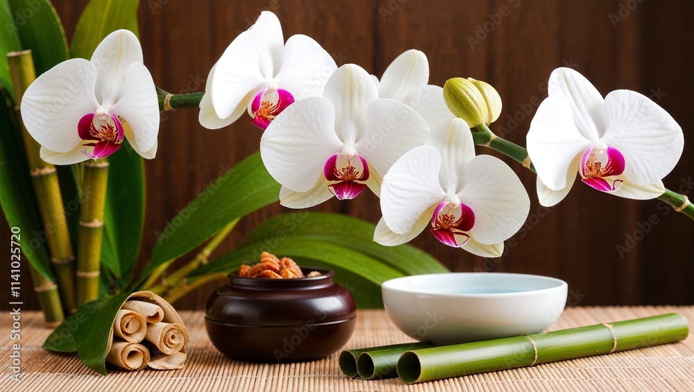 White Orchid with Bamboo in a Relaxing Beauty and Spa Setting, Evoking Calmness, Tranquility, and Natural Elegance for Wellness and Self-Care White Orchid with Bamboo in a Relaxing Beauty and Spa Setting, Evoking Calmness, Tranquility, and Natural Elegance for Wellness and Self-Care