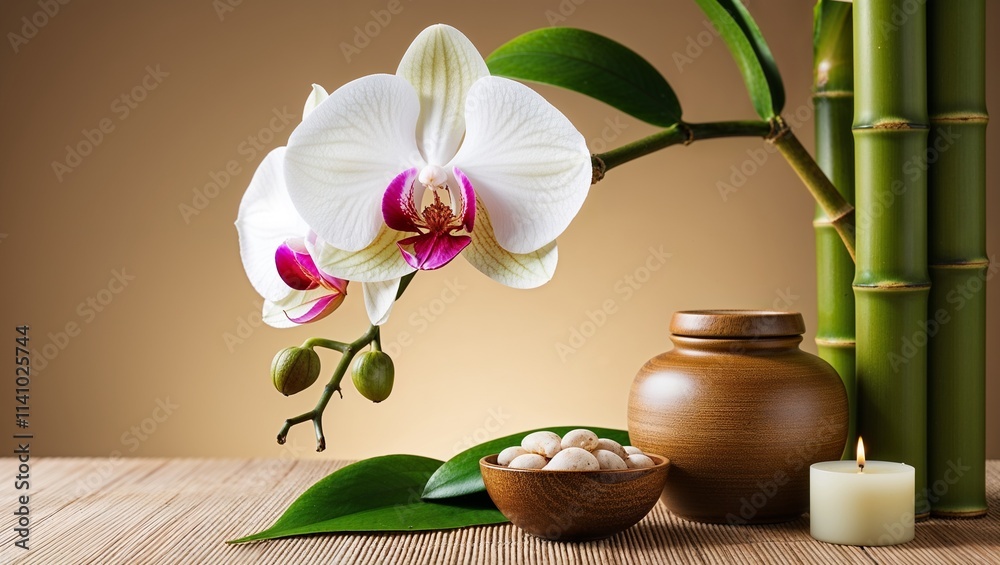 White Orchid with Bamboo in a Relaxing Beauty and Spa Setting, Evoking Calmness, Tranquility, and Natural Elegance for Wellness and Self-Care White Orchid with Bamboo in a Relaxing Beauty and Spa Setting, Evoking Calmness, Tranquility, and Natural Elegance for Wellness and Self-Care