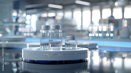 3D rendered cosmetic podium display featuring glass flask and cylinder equipment in a modern medical science lab background. Detailed and elegant
