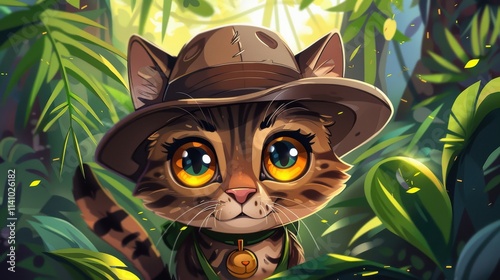 Cartoon cat face with an explorer hat, jungle background photo