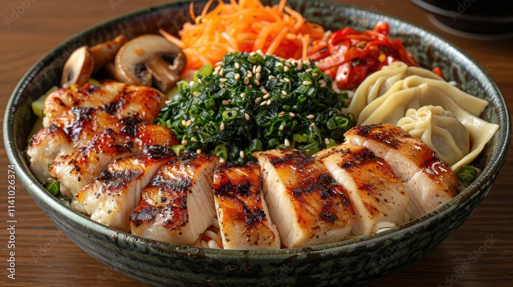 A vibrant bowl of grilled chicken, vegetables, and dumplings, showcasing a colorful meal. A vibrant bowl of grilled chicken, vegetables, and dumplings, showcasing a colorful meal.