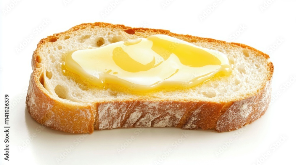 Butter melted on a slice of fresh bread, white isolate background. Butter melted on a slice of fresh bread, white isolate background.