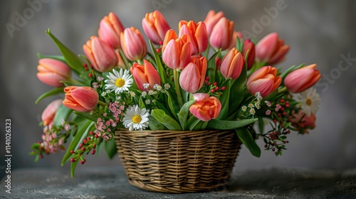 Wallpaper Mural A vibrant bouquet of pink tulips and daisies in a woven basket, symbolizing beauty and spring. Torontodigital.ca