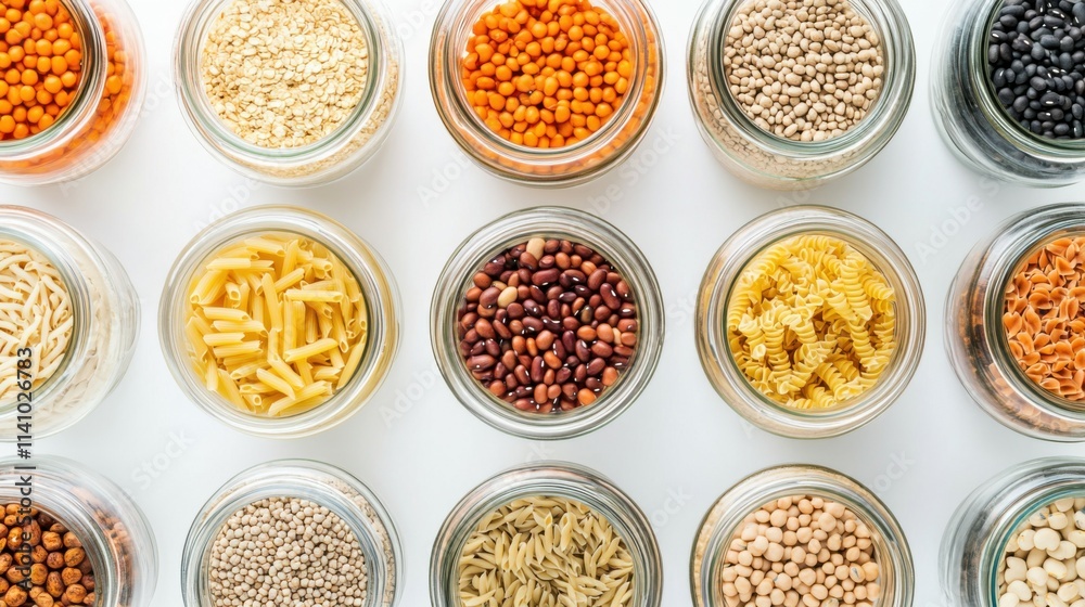food storage, culinary and eating concept - close up of jars with different cereals, pasta and beans on white background, top view food storage, culinary and eating concept - close up of jars with different cereals, pasta and beans on white background, top view