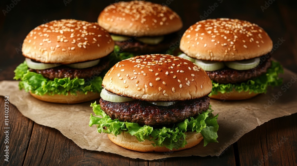 Three hamburgers with lettuce and onions on top of a wooden table