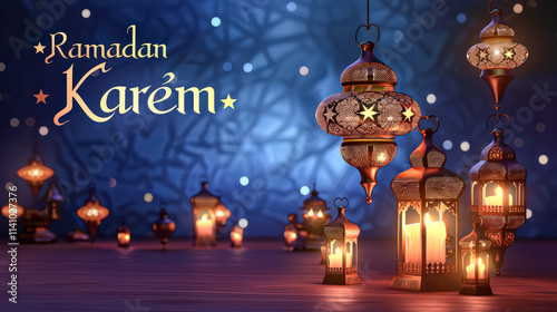 Black and white image of three lanterns with the word Ramadan written below them. The lanterns are lit and the image has a warm, inviting feel to it photo