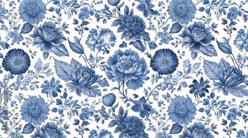 Seamless floral pattern in a classic and elegant style, with different types of flowers and leaves, in shades of blue on a white background. Flowers vary in size and type