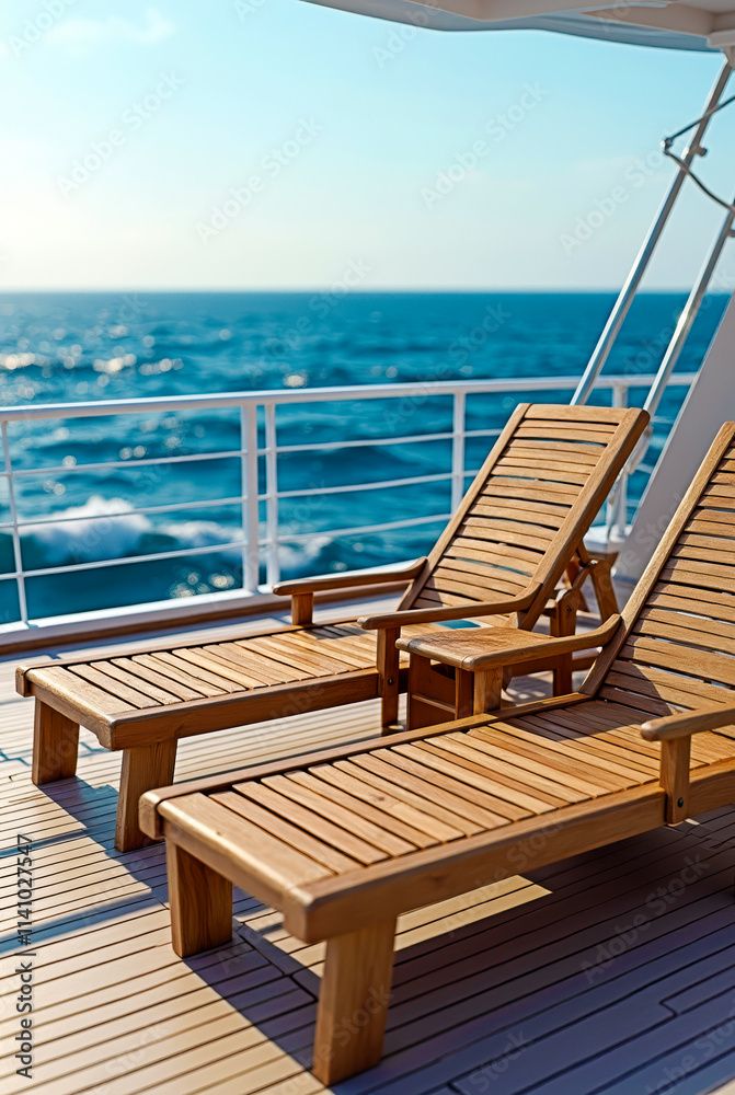 Elegant Ship Deck with High-Back Lounge Chairs and Ocean Waves Elegant Ship Deck with High-Back Lounge Chairs and Ocean Waves