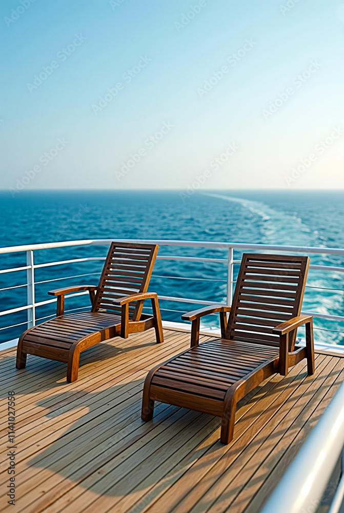 Scenic Yacht Deck with Wooden Chairs and Ocean Background