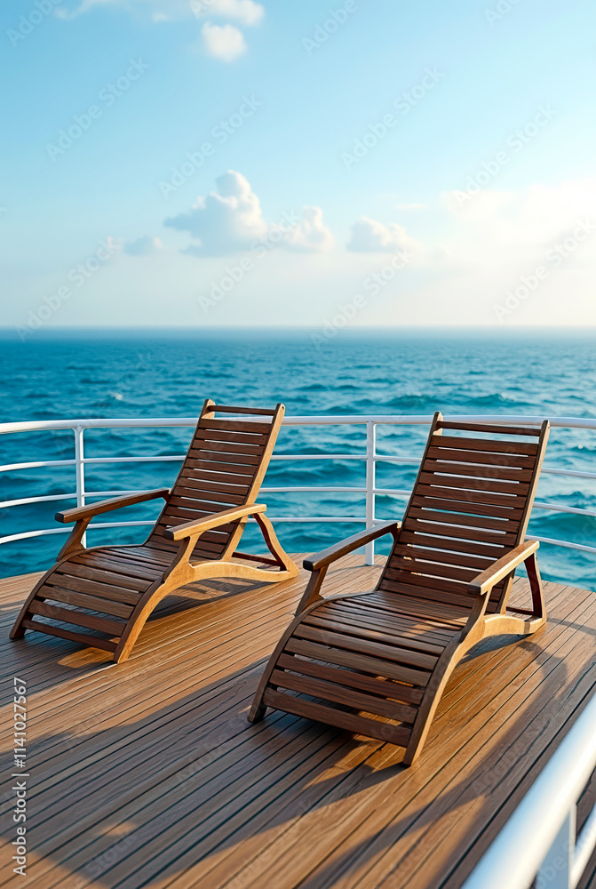 Luxurious Yacht Deck with Wooden Lounge Chairs and Ocean View Luxurious Yacht Deck with Wooden Lounge Chairs and Ocean View