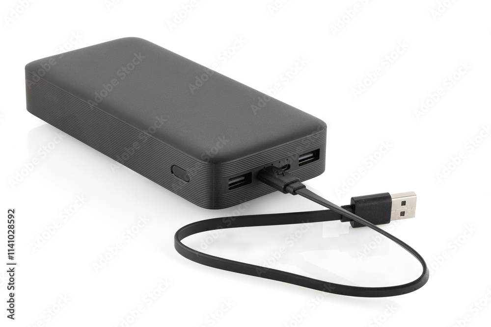 Additional self-contained external battery for charging mobile and other device. Power bank isolated on white background. Full depth of field. Additional self-contained external battery for charging mobile and other device. Power bank isolated on white background. Full depth of field.