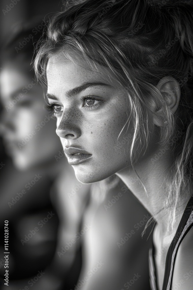 Close-up of young woman with natural beauty and captivating gaze during an indoor gathering in black and white. Generative AI Close-up of young woman with natural beauty and captivating gaze during an indoor gathering in black and white. Generative AI