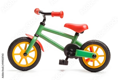 Colorful Children's Balance Bike, Green Frame, Yellow Wheels, Red Seat, Studio Shot