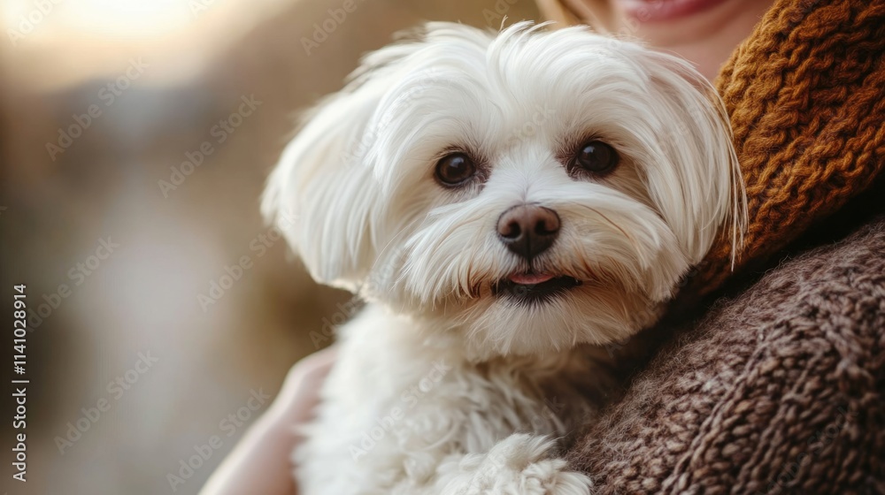 pet health care concept picture of cute Maltese dog being held by his owner at the vet clinic for medical exam.	