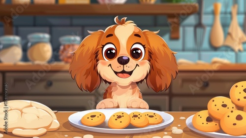 Cartoon dog face with a cookie, bakery background with dough photo