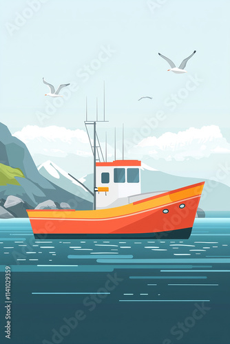 Small fishing boat sailing at sea with seagulls flying overhead