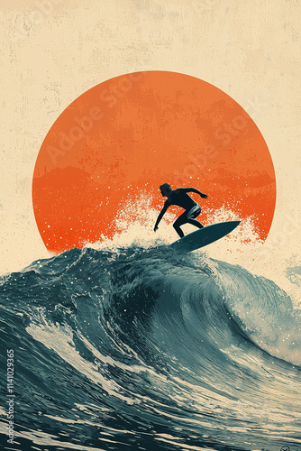 Surfer riding a big wave at sunset with a big sun background