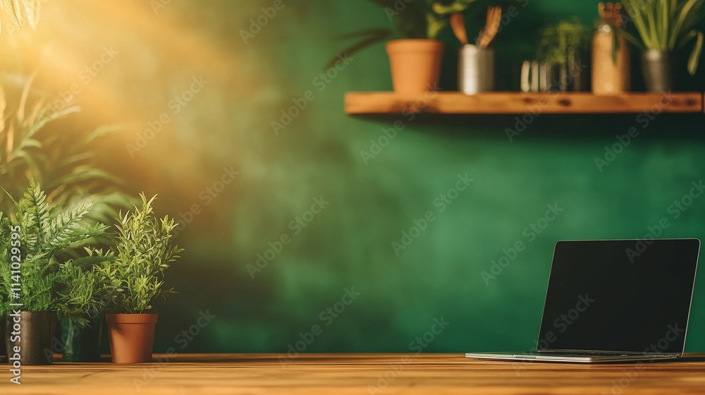 Stylish office workspace with a laptop on a wooden surface, spacious layout perfect for branding, presentations, or stock images Stylish office workspace with a laptop on a wooden surface, spacious layout perfect for branding, presentations, or stock images