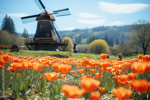 viewers are taken to a picturesque landscape filled with tulips, where elegance of nature and cleverness of windmill technology harmoniously coexist photo