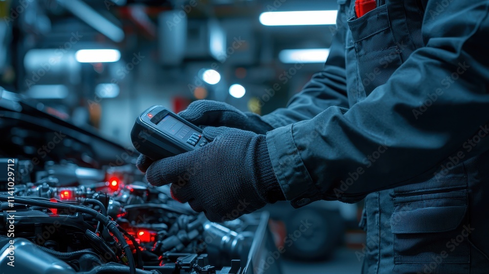 A technician inspects a car's engine, using a diagnostic tool to assess performance in a dimly lit workshop. A technician inspects a car's engine, using a diagnostic tool to assess performance in a dimly lit workshop.