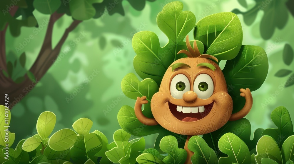 Naklejka premium Cartoon hackberry with a big grin, green background with leaves