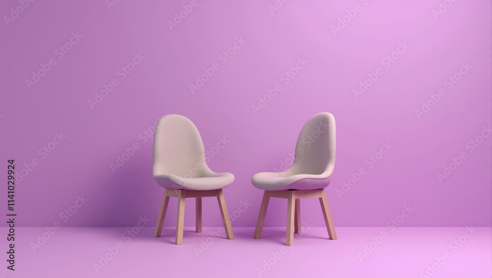 Obraz premium Two modern chairs facing each other in minimalist purple room
