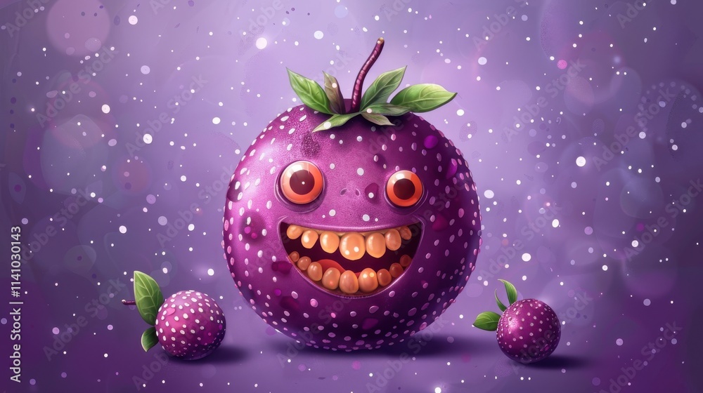 Obraz premium Cartoon passion fruit with a big grin, purple background with dots