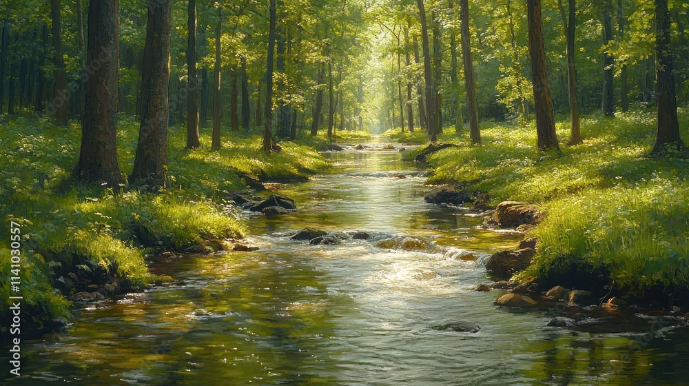 Fototapeta premium Sunlit stream flows through verdant forest.