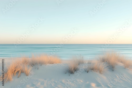 Fototapeta Naklejka Na Ścianę i Meble -  wydmy, piasek, złoty, turkusowa woda, ocean, pustynna plaża, plaża bez ludzi, natura, krajobraz pustynny, spokojna woda, sucha trawa, podróże, piaszczyste wybrzeże, wydmy nad oceanem, pustynny klimat,