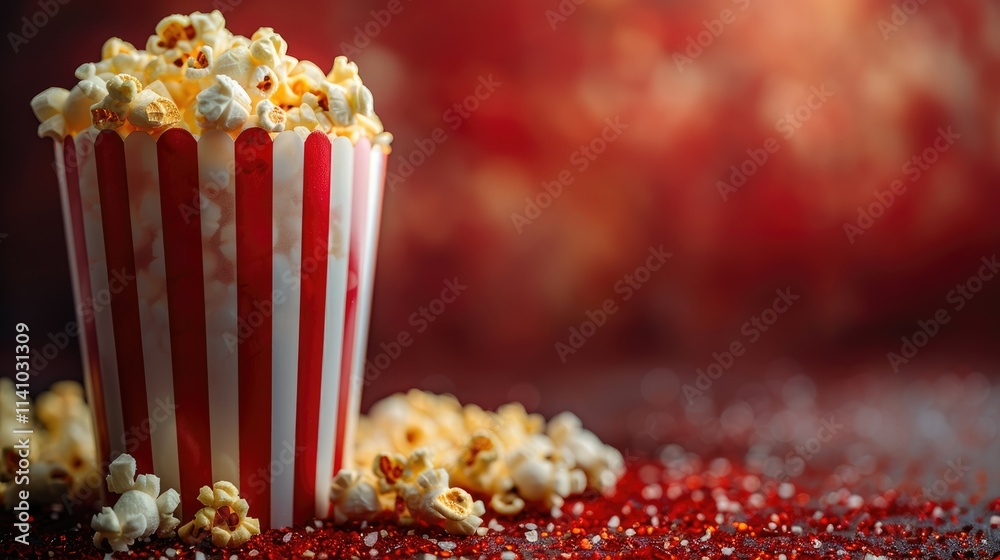 A vibrant popcorn bucket filled with popcorn, set against a colorful, blurred background. A vibrant popcorn bucket filled with popcorn, set against a colorful, blurred background.