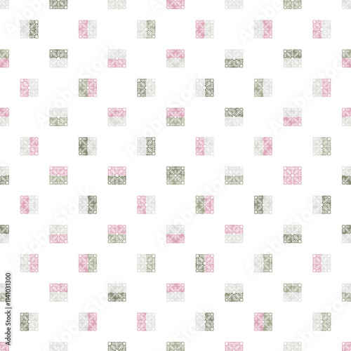 Elegant Christmas seamless vector pattern with snowflakes and squares. Geometric background for Christmas and New Year greeting cards, invitations and seasonal wrapping paper.