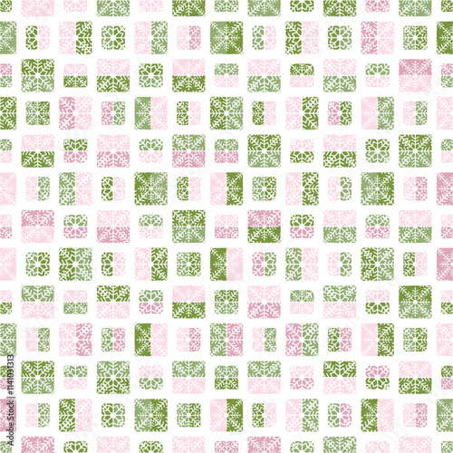 Creative Christmas seamless vector pattern with snowflakes and squares. Geometric background for Christmas and New Year greeting cards, invitations and seasonal wrapping paper.