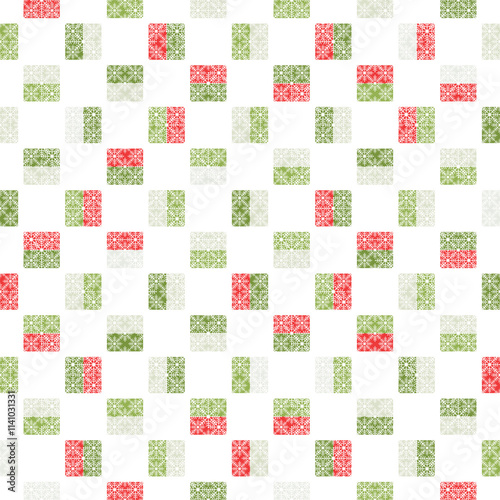 Playful Christmas seamless vector pattern with snowflakes and squares. Geometric background for Christmas and New Year greeting cards, invitations and seasonal wrapping paper.