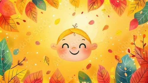 Cheerful cartoon langsat with a cute smile, yellow background with leaves