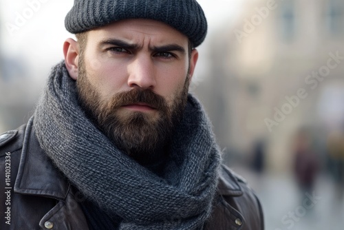 Stylish male model in winter fashion with beard.